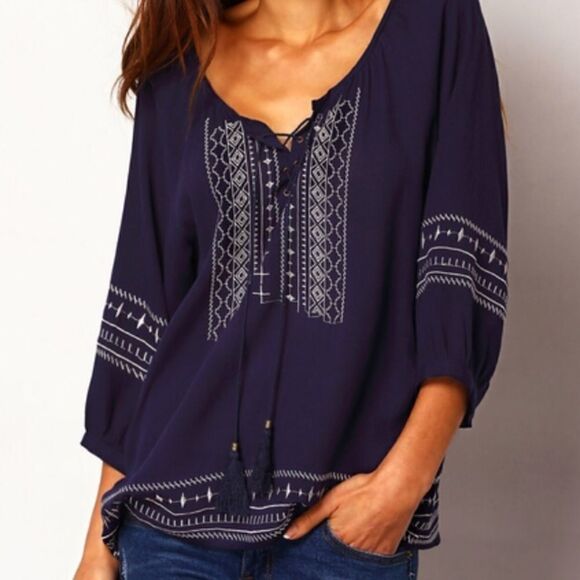 Navy Lace-up Embroidered Peasant Top - Picture 1 of 5